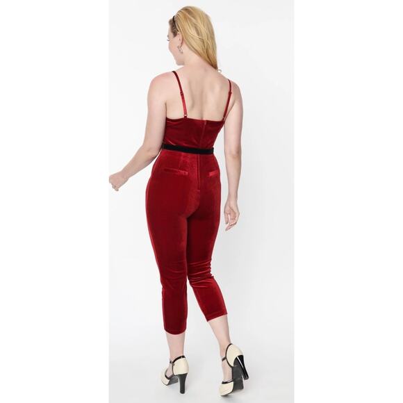 Unique Vintage Dark Red Velvet Crop Jumpsuit 4X 22 24 NWOT - Picture 2 of 3